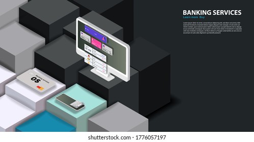 Office computer in isometric view with the web-site banking services on the colored cubes. Vector banner