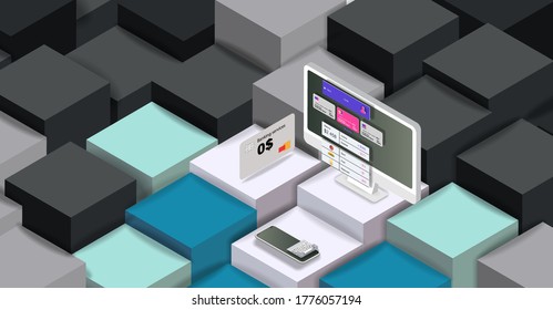 Office computer in isometry with a banking interface on colored cubes. Vector banner