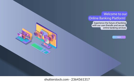 Computadora de Office y laptop con iconos web en el espacio del escritorio en isometría. Bandera de vectores