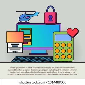 office computer lock and helicopter Outline web icon