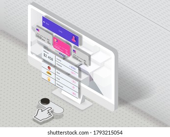 Computadora de Office con un diseño material de la interfaz de aplicación bancaria. Bandera de vectores