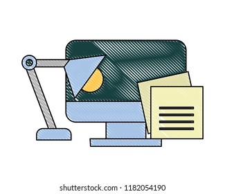 office computer monitor notes paper lamp