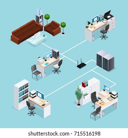 Office computer net with connection of workplaces and waiting area toward server through router isometric vector illustration