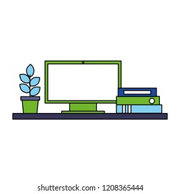 office computer potted plant and binders