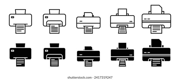 office computer printer vector icon set. paper printout machine vector symbol. black and white printer set.