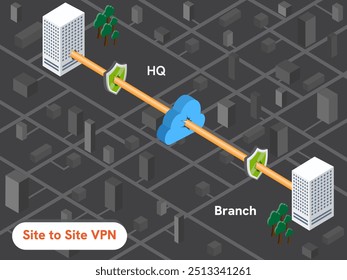 Office with computer system connected to VPN. Virtual private network site to site 3D diagram.