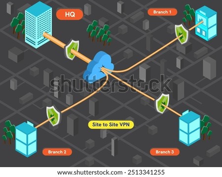 Office with computer system connected to VPN. Virtual private network site to site 3D diagram.