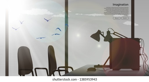 Office computer with wires on the table near the window. Black and white vector horizontal banner