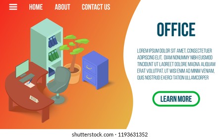 Office concept banner. Isometric banner of office vector concept for web, giftcard and postcard
