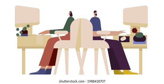 Office concept business people. Vector illustration flat design. Man and woman sitting and working at the office desks with desktop computers. 