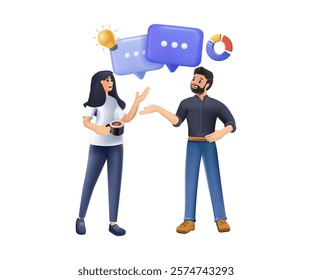 Office concept business people vector illustration 3D design. People communicating. Positive communication of multinational friends. People conversation with speech bubbles. 3D cartoon illustration