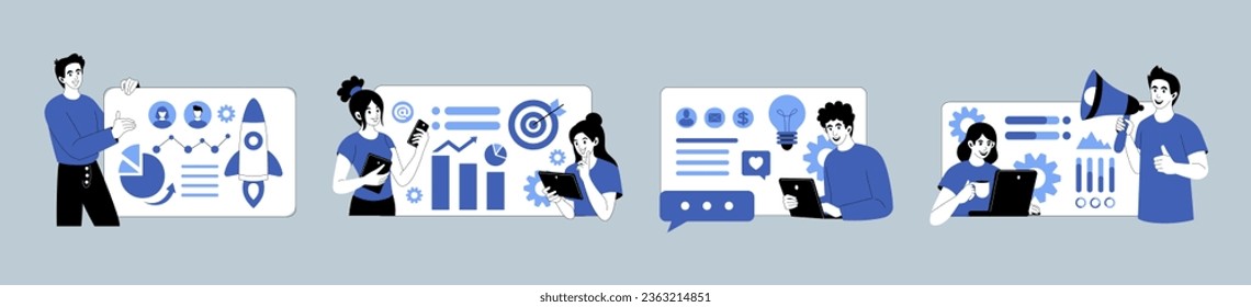 Concepto de oficina. Presentación del proyecto empresarial. Infografía en pizarra. Personajes exitosos en Internet. Formación empresarial. Los administradores trabajan escenas establecidas. Ilustración abstracta vectorial