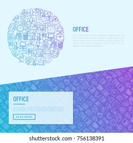 Office concept in circle with thin line icons of manager, coffee machine, chair, career growth, e-mail, folders, watercooler, lamp. Vector illustration for banner, web page, print media.