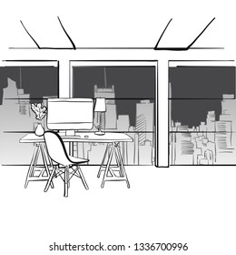 Office concept with creative desk. Hand drawn vector illustration. Series of sketched business backgrounds.