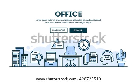 Office, concept header, flat design thin line style, vector illustration