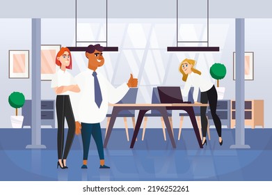 Office concept with people scene in the background cartoon style. Employees complete a successful working day in the office. Vector illustration.