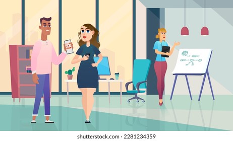 Office concept with people scene in the background cartoon style. Two employees discuss their business matters in the comfortable office. Vector illustration.