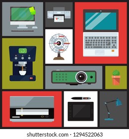 Office concept seamless pattern vector illustration. Gadgets and tools for office work. Desktop computer, laptop, tablet, printer, coffee machine, lamp, projector, scanner.