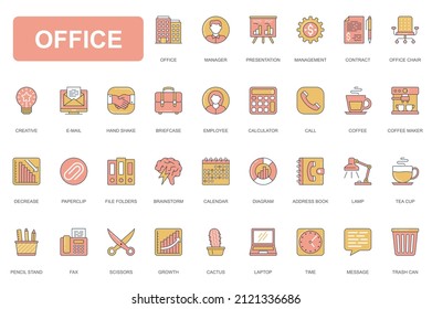 Office concept simple line icons set. Pack outline pictograms of management, presentation, creative, hand shake, brainstorm, contract, employee and other. Vector elements for mobile app and web design