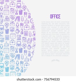Office concept with thin line icons of manager, coffee machine, chair, career growth, e-mail, folders, watercooler, lamp. Vector illustration for banner, web page, print media.