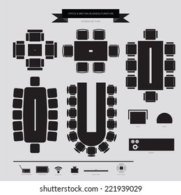 Office And Conferance Business Furniture Icon, Top View For Interior Plan