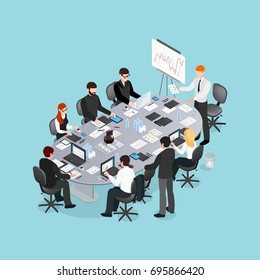 Office conference isometric design with speaker near board and participants behind table on blue background vector illustration 