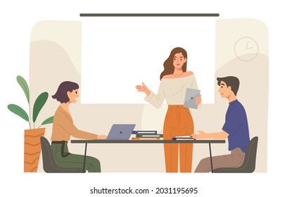 Office conference at the meeting room with laptop, document folder and projector screen. Concept of business meeting, brainstorm idea, creativity, colleague, presentation. Flat vector illustration. 