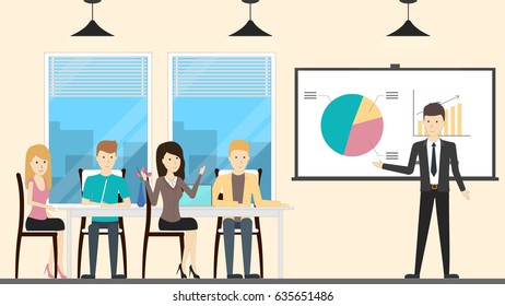 Office conference room. Meeting for businessmen to discuss agenda.