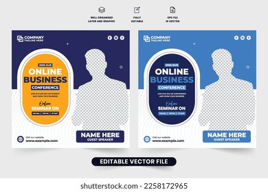 Office conference and seminar invitation social media post vector with blue and yellow colors. Modern business webinar poster for marketing. Marketing agency webinar template with photo placeholders.