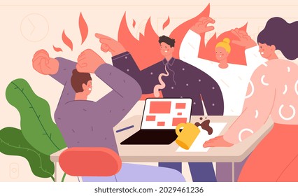 Office conflict concept. Expressing feelings, business quarrel. Stress on work, negative people in flame. Discontent communication utter vector scene