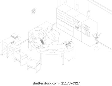 Office contour with a girl sitting on a chair and working at a computer from black lines isolated on a white background. Office equipment and accessories. Isometric view. Vector illustration