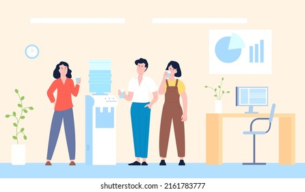 Office cooler break. Gossip workplace, business chat on lunch. People drink and talk, colleagues working. Young employee communication recent vector scene