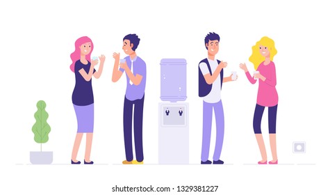 Office cooler break. Man and woman drinking water young people talking at cooler social informal meeting business vector concept