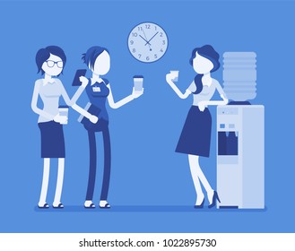 Office cooler chat. Young female workers having informal conversation around a watercooler at workplace, colleagues refreshing during a break. Vector illustration with faceless characters