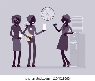 Office cooler chat. Young female workers having informal conversation around a watercooler at workplace, colleagues at break. Vector flat style and line art cartoon illustration, black silhouette