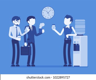 Office cooler chat. Young male workers having informal conversation around a watercooler at workplace, colleagues refreshing during a break. Vector illustration with faceless characters