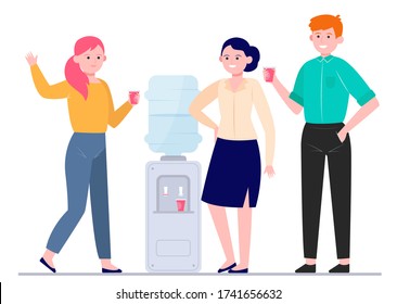 Office cooler meeting flat vector illustration. Cartoon young colleagues drinking water near dispenser and talking. Workplace and coffee break concept