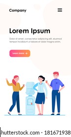 Office cooler meeting flat vector illustration. Cartoon young colleagues drinking water near dispenser and talking. Workplace and coffee break concept