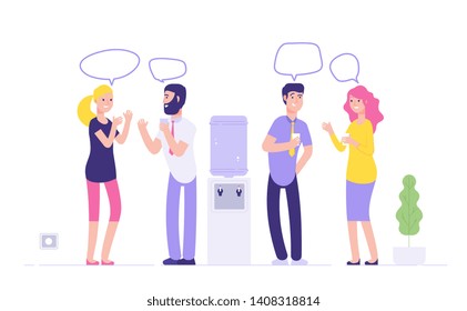 Office cooler meeting. Men women drinking water talking speech bubbles at cooler dispenser social informal business vector concept