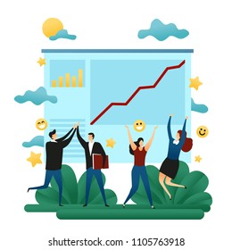 Office Cooperative Teamwork. Happy Business People. Success Planing. Line Growth Direction to a Successful Path. Execution of Plan Business Concept Vector Illustration