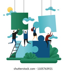 Office Cooperative Teamwork. People Build Puzzles. Problem Solution Business Concept Vector Illustration