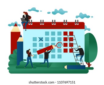 Office Cooperative Teamwork Plan. Big Calendar Planning and Scheduling. Drawing Circle Mark With Red Pencil Standing on Ladder. Business Concept Vector Illustration