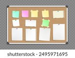 Office cork bulletin board template for business. With sheets of paper and stickers for notes. Mockup isolated on a transparent background. Vector illustration