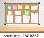 Office cork bulletin board template for business above the desktop. Sheets of paper and stickers for notes. Vector mockup