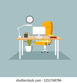 Office corner with yellow office chair on blue background. Flat illustration for design.