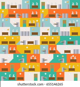 Office Corporate interior pattern. Managers in workplace background. Tables and File Cabinet ornament. Businessman at work