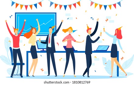 Office Corporate Party, Cartoon Happy Business Team Character, Vector Illustration. Flat Group Celebration, Company People Work At Holiday. Woman Man Fun Celebrating With Confetti.