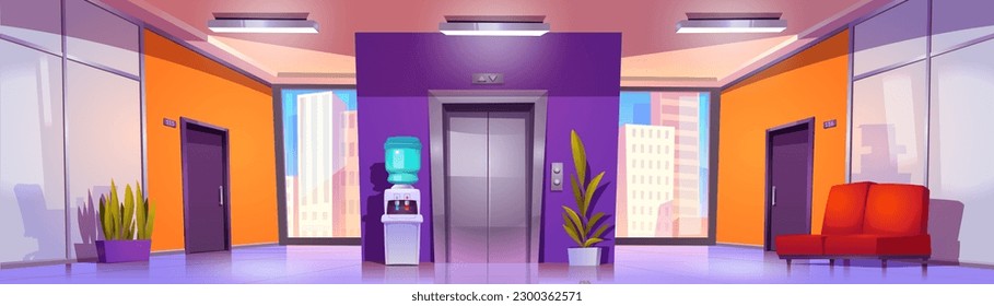 Office corridor interior with elevator and cabinet entrance door cartoon vector background. Water pomp, plant and sofa inside modern hallway room of coworking area with cityscape from window.