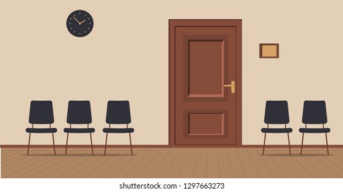 Office corridor on a cream background: waiting area for visitors with chairs and wooden boards on the floor.The door to the cabinet with a sign on the wall, navy wall clock.Vector illustration