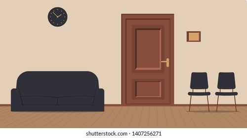 Office corridor on a cream background: waiting area for visitors with chairs,sofa and wooden boards on the floor.The door to the cabinet with a sign on the wall, navy wall clock.Vector illustration